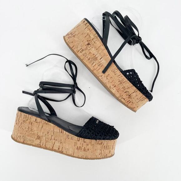 Prada Black Raffia Crochet Logo Wedge Leather Lace Up Ankle Tie Sandal IT 41 - Picture 4 of 13